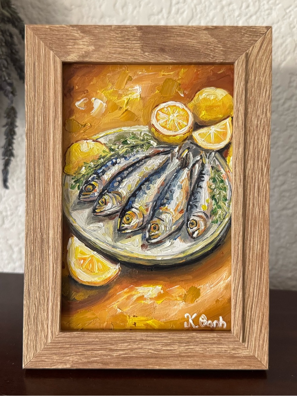 Original oil painting still life fishes lemons signed framed 4x6 inches